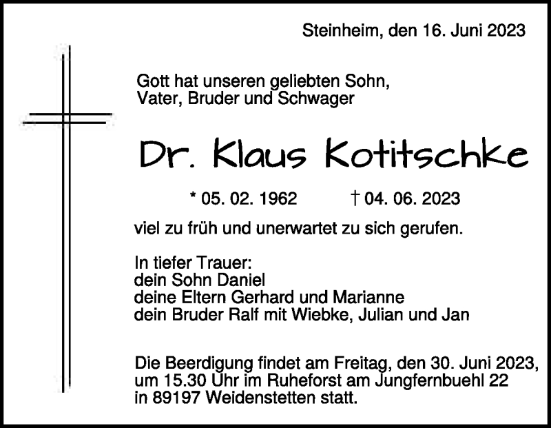 Traueranzeige für Dr. Klaus Kotitschke vom 20.06.2023 aus Heidenheimer Zeitung