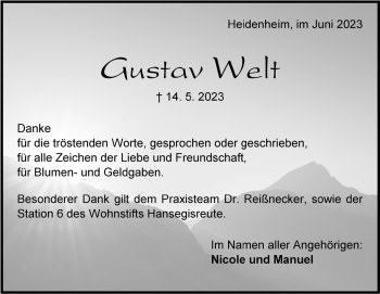 Traueranzeige von Gustav Welt von Heidenheimer Zeitung