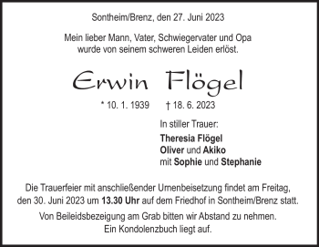 Traueranzeige von Erwin Flögel von Heidenheimer Zeitung