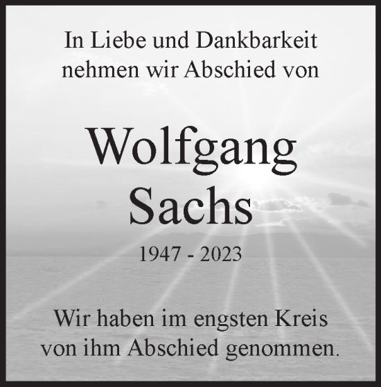 Traueranzeige von Wolfgang Sachs von Heidenheimer Zeitung