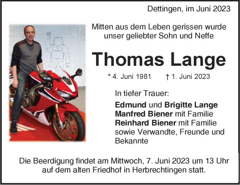  Traueranzeige für Thomas Lange vom 06.06.2023 aus Heidenheimer Zeitung