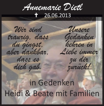 Traueranzeige von Annemarie Dietl von Heidenheimer Zeitung
