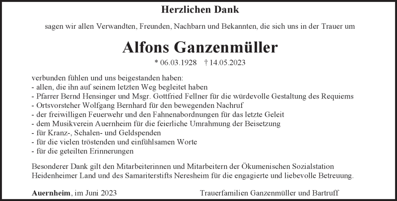  Traueranzeige für Alfons  Ganzenmüller vom 02.06.2023 aus Heidenheimer Zeitung