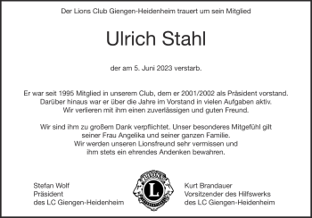 Traueranzeige von Klaus-Ulrich Stahl von Heidenheimer Zeitung