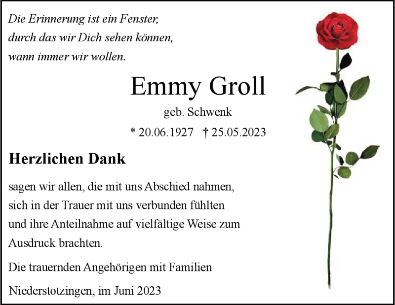  Traueranzeige für Emmy Groll vom 17.06.2023 aus Heidenheimer Zeitung
