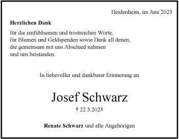 Traueranzeige von Josef Schwarz von Heidenheimer Zeitung