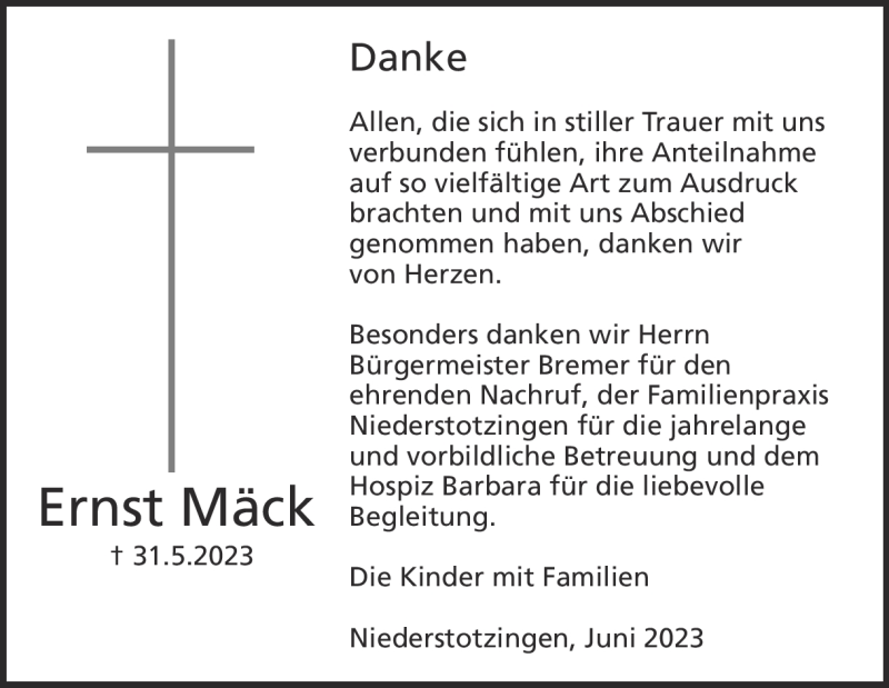  Traueranzeige für Ernst  Mäck  vom 14.06.2023 aus Heidenheimer Zeitung