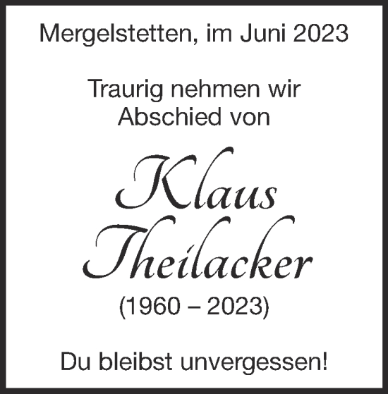 Traueranzeige von Klaus Theilacker von Heidenheimer Zeitung