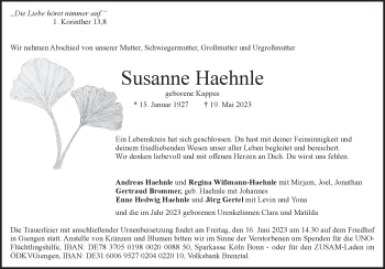 Traueranzeige von Susanne  Haehnle von Heidenheimer Zeitung