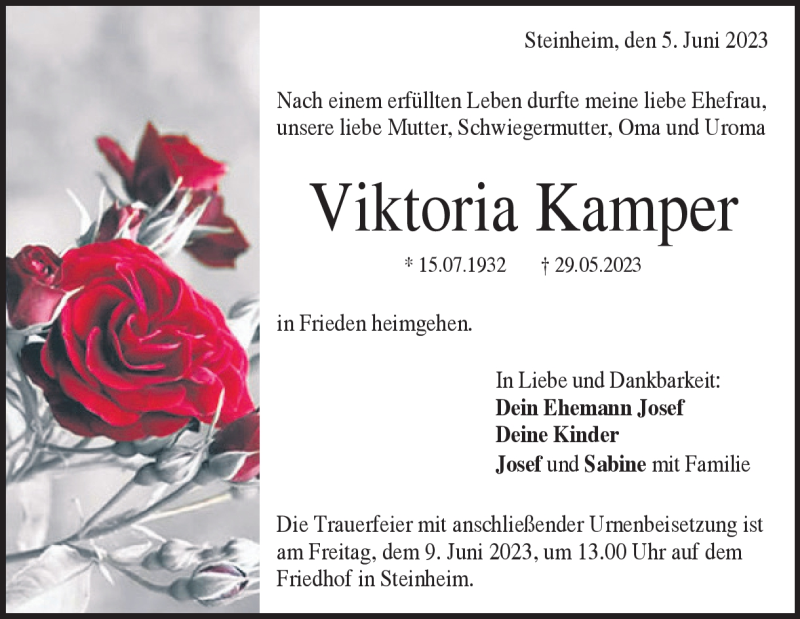  Traueranzeige für Viktoria Kamper vom 05.06.2023 aus Heidenheimer Zeitung