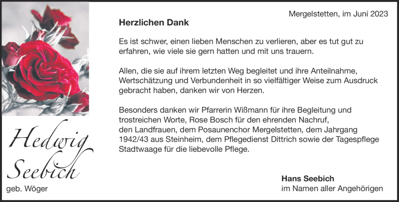  Traueranzeige für Hedwig Seebich vom 17.06.2023 aus Heidenheimer Zeitung