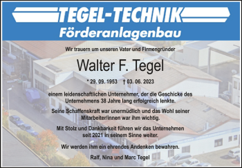 Traueranzeige von Walter Tegel  von Heidenheimer Zeitung