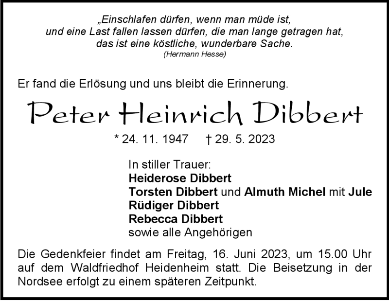  Traueranzeige für Peter Heinrich Dibbert vom 03.06.2023 aus Heidenheimer Zeitung