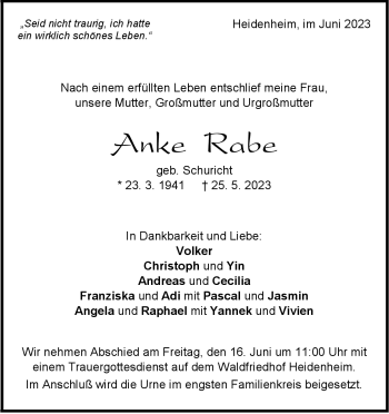 Traueranzeige von Anke  Rabe  von Heidenheimer Zeitung