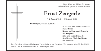 Traueranzeige von Ernst Zengerle von Heidenheimer Zeitung