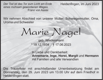 Traueranzeige von Marie Nagel von Heidenheimer Zeitung