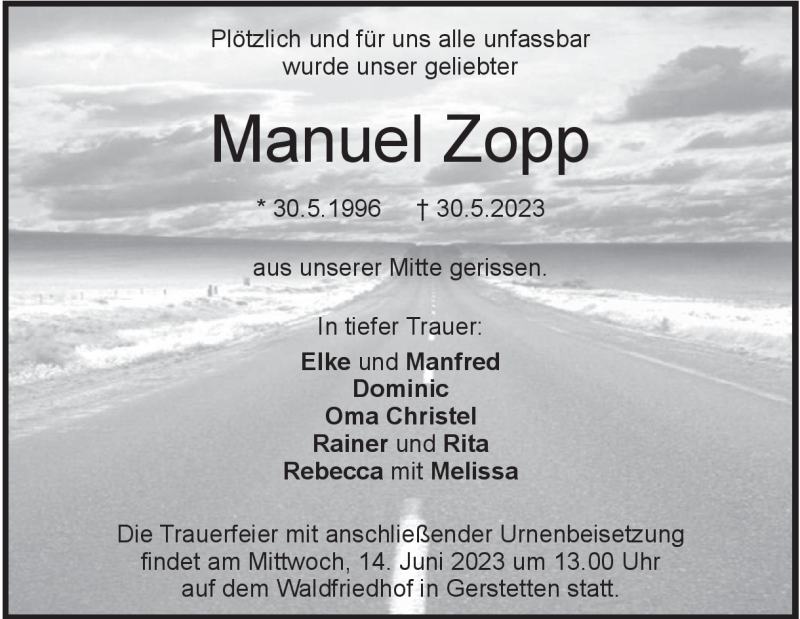  Traueranzeige für Manuel  Zopp  vom 10.06.2023 aus Heidenheimer Zeitung
