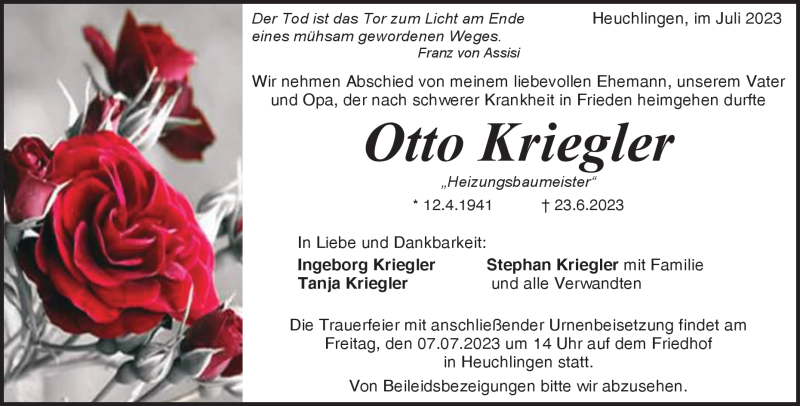  Traueranzeige für Otto Kriegler vom 01.07.2023 aus Heidenheimer Zeitung