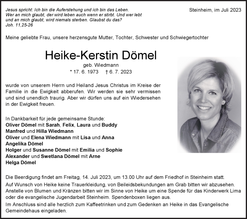  Traueranzeige für Heike-Kerstin Dömel vom 08.07.2023 aus Heidenheimer Zeitung