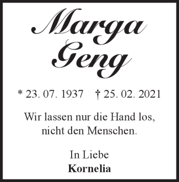 Traueranzeige von Marga Geng von Heidenheimer Zeitung