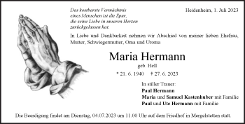 Traueranzeige von Maria Hermann von Heidenheimer Zeitung