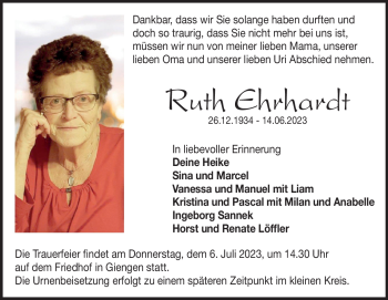 Traueranzeige von Ruth Erhardt von Heidenheimer Zeitung