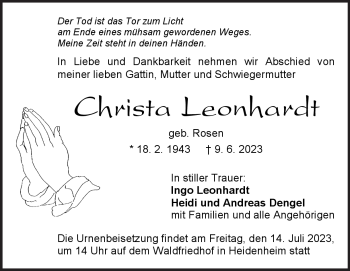 Traueranzeige von Christa Leonhardt von Heidenheimer Zeitung