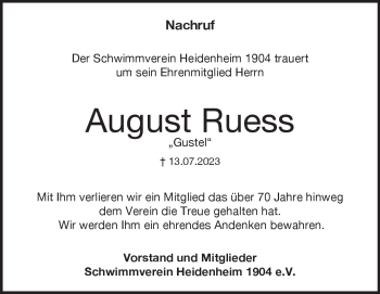 Traueranzeige von August Ruess von Heidenheimer Zeitung