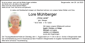 Traueranzeige von Lore Mühlberger von Heidenheimer Zeitung