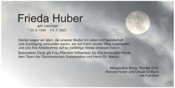 Traueranzeige von Frieda Huber von Heidenheimer Zeitung