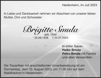 Traueranzeige von Brigitte Smula von Heidenheimer Zeitung