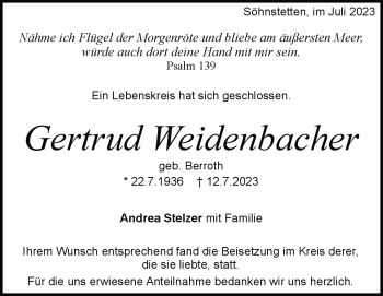 Traueranzeige von Gertrud Weidenbacher von Heidenheimer Zeitung