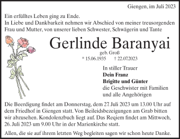 Traueranzeige von Gerlinde Baranyai von Heidenheimer Zeitung