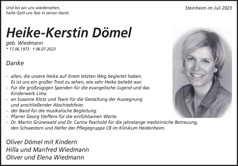  Traueranzeige für Heike-Kerstin Dömel vom 29.07.2023 aus Heidenheimer Zeitung