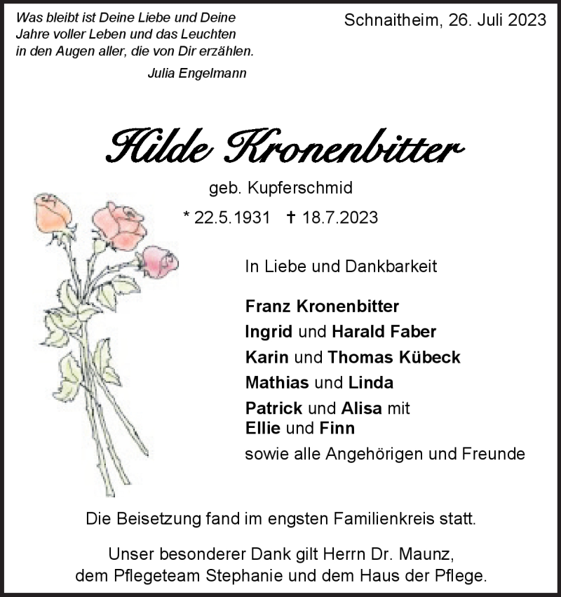  Traueranzeige für Hilde Kronenbitter vom 26.07.2023 aus Heidenheimer Zeitung