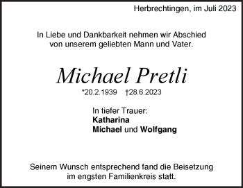Traueranzeige von Michael Pretli von Heidenheimer Zeitung
