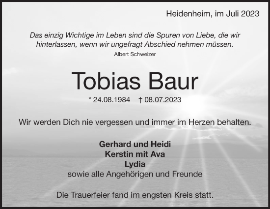 Traueranzeige von Tobias Baur von Heidenheimer Zeitung