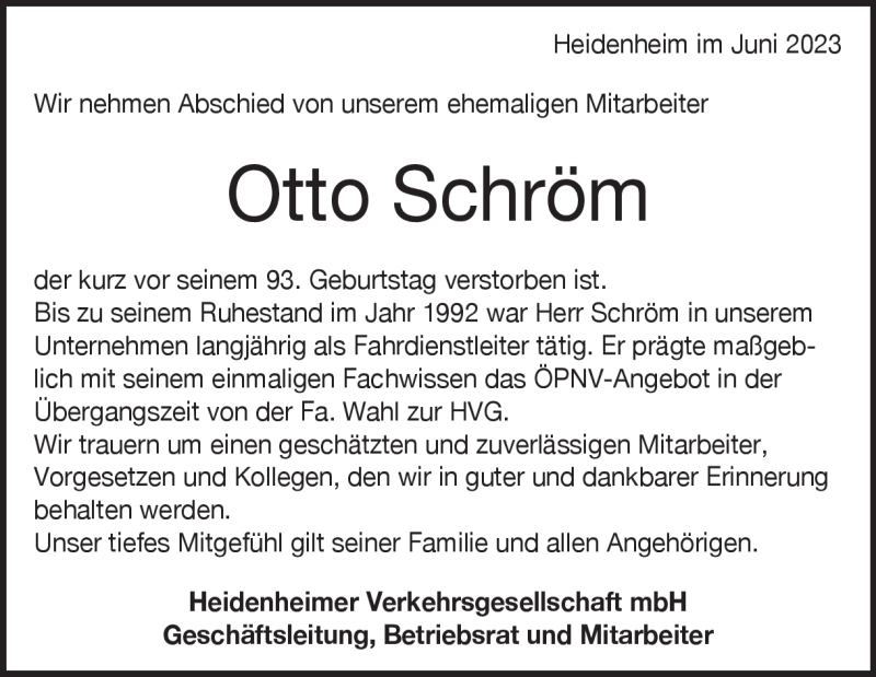  Traueranzeige für Otto Schröm vom 03.07.2023 aus Heidenheimer Zeitung