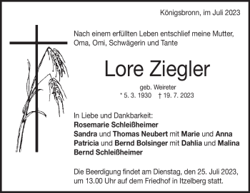 Traueranzeige von Lore Ziegler von Heidenheimer Zeitung