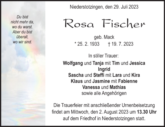 Traueranzeige von Rosa Fischer von Heidenheimer Zeitung