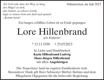 Traueranzeige von Lore Hillenbrand von Heidenheimer Zeitung