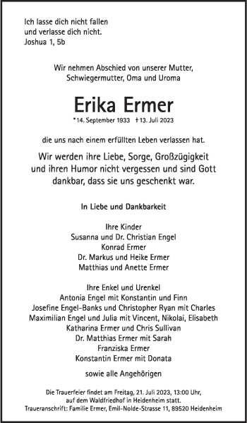 Traueranzeige von Erika Ermer von Heidenheimer Zeitung