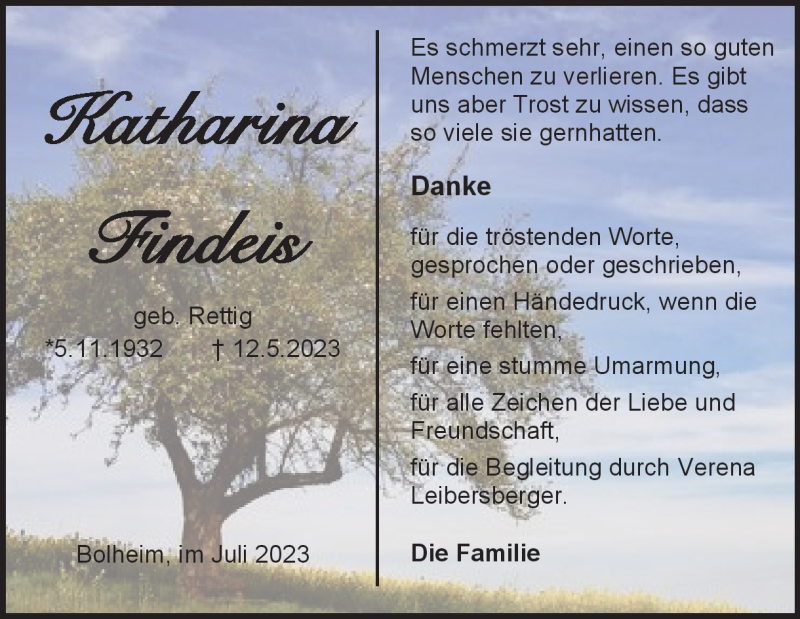  Traueranzeige für Katharina Findeis vom 01.07.2023 aus Heidenheimer Zeitung