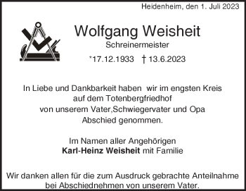 Traueranzeige von Wolfgang Weisheit von Heidenheimer Zeitung
