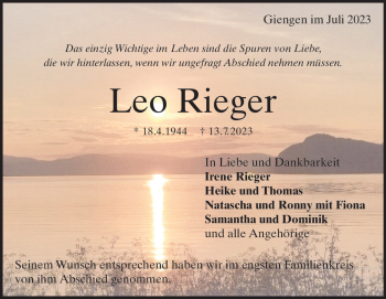Traueranzeige von Leo Rieger von Heidenheimer Zeitung
