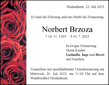 Traueranzeige von Norbert Brzoza von Heidenheimer Zeitung
