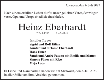 Traueranzeige von Heinz Eberhardt von Heidenheimer Zeitung