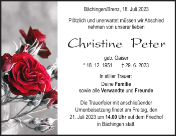Traueranzeige von Christine Peter von Heidenheimer Zeitung