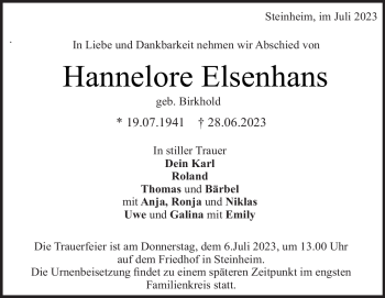 Traueranzeige von Hannelore Elsenhans von Heidenheimer Zeitung