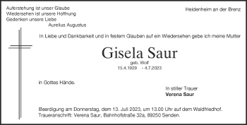 Traueranzeige von Gisela Saur von Heidenheimer Zeitung